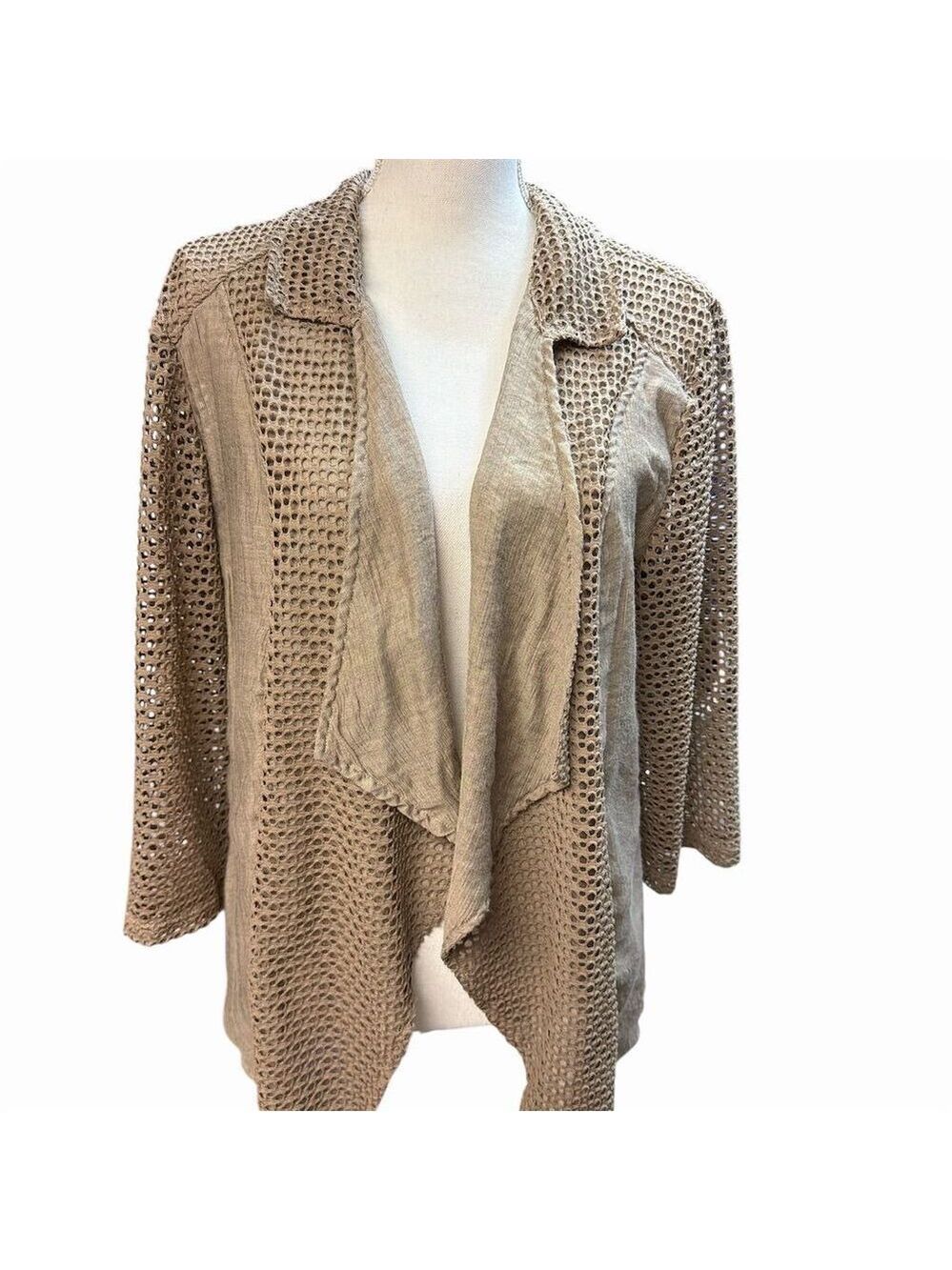 Chico's Women's Beige Open Knit Cardigan Sweater 3/4 Sleeve Size Large (3)